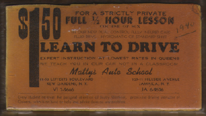 Original driving school certificate issued by Matty's Driving School in 1940.